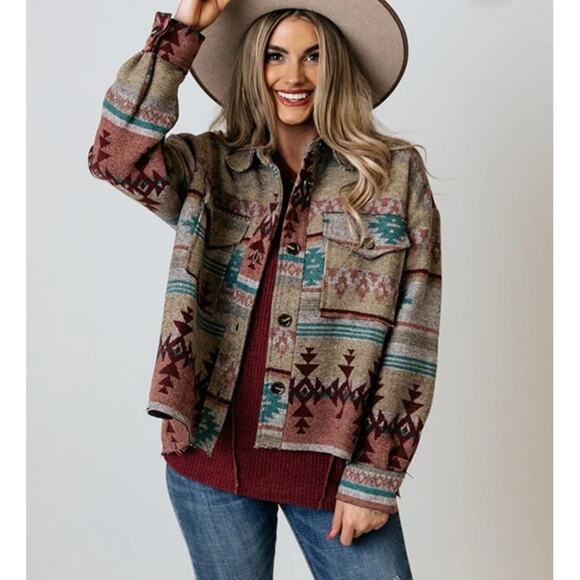 La Miel Southwest Aztec Print Button Front Shacket Size S - Picture 1 of 14